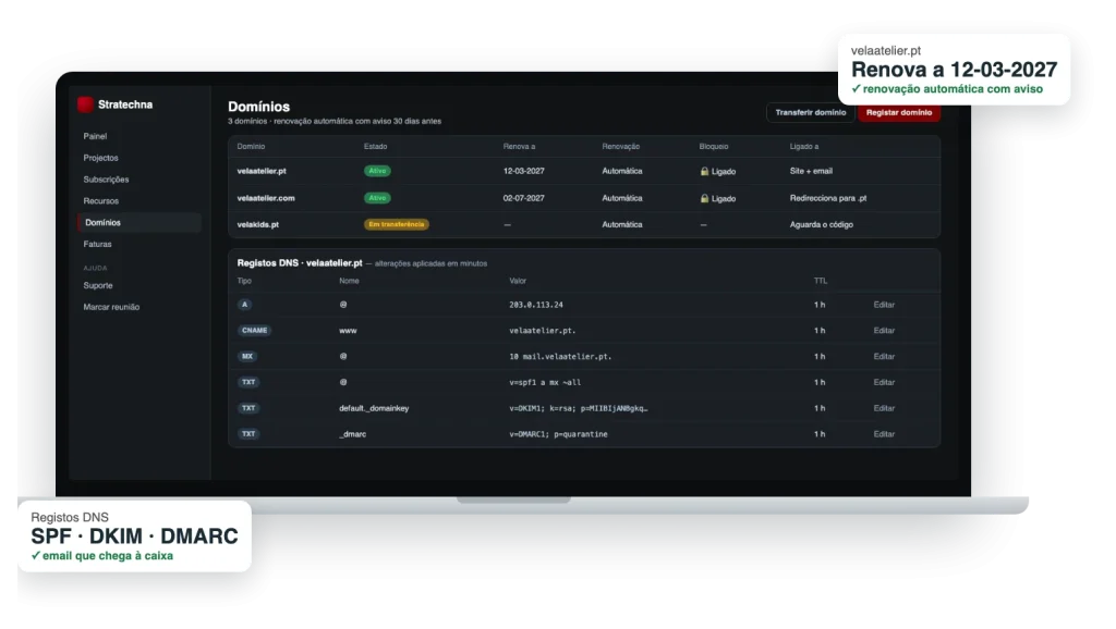 Gestão de domínios e registos DNS no portal (dados fictícios)