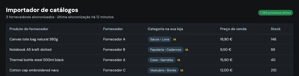 Importador de catálogos com categorias atribuídas por IA, dados fictícios
