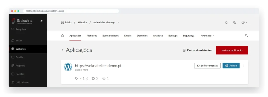 Aplicações do site no painel de alojamento (site de demonstração)