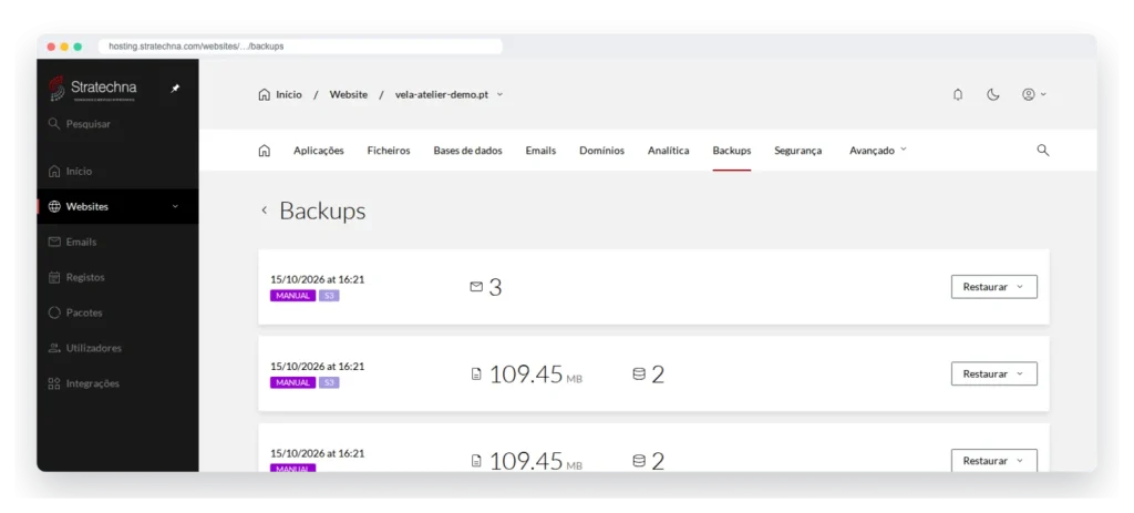 Cópias de segurança prontas a restaurar no painel (site de demonstração)
