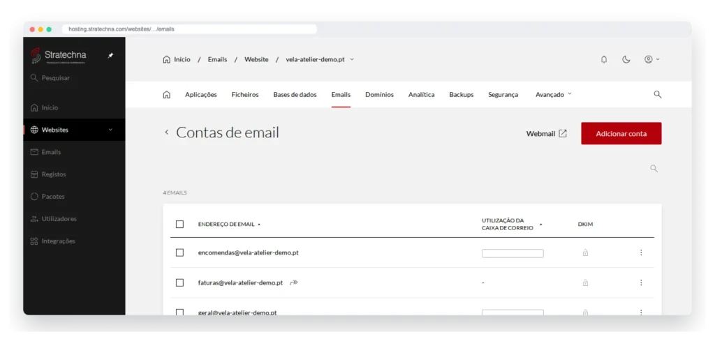 Contas de email do domínio no painel de alojamento (site de demonstração)