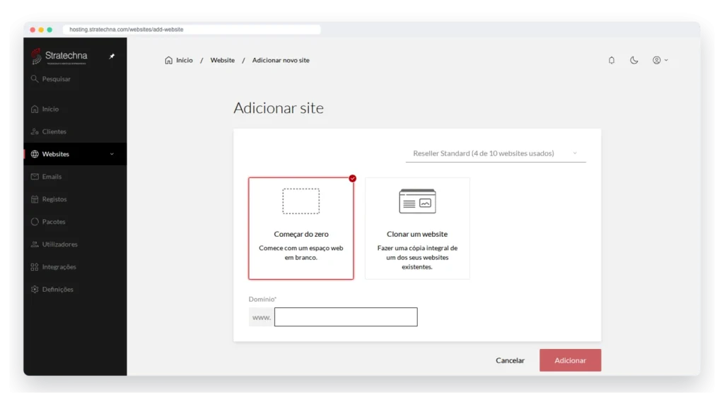 Adicionar um site novo no painel (dados de demonstração)