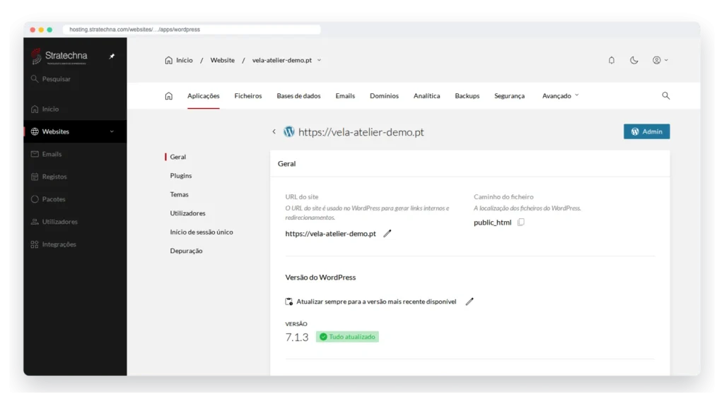 WordPress no painel de alojamento: versão, atualizações e entrada com um clique (site de demonstração)