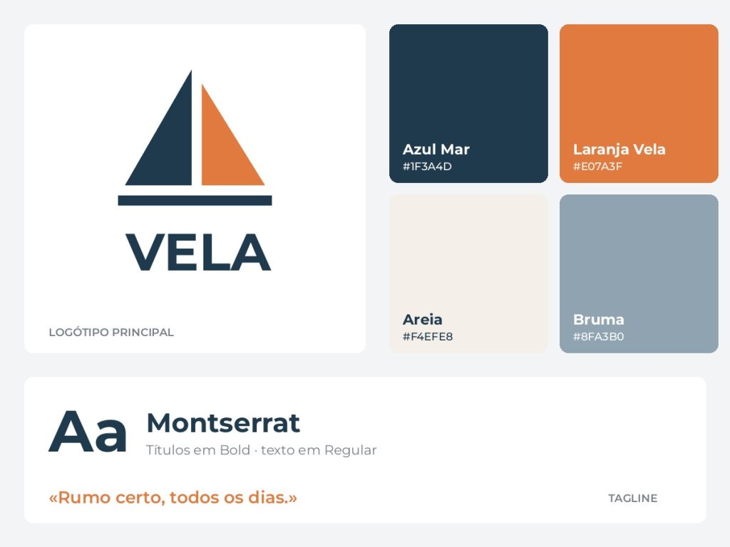 Quadro de identidade de uma marca fictícia: logótipo, paleta de cores e tipografia