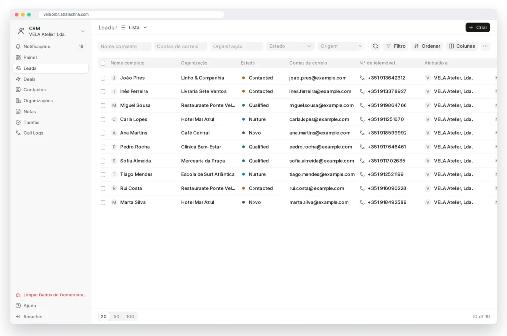 Lista de leads no CRM, demonstração VELA