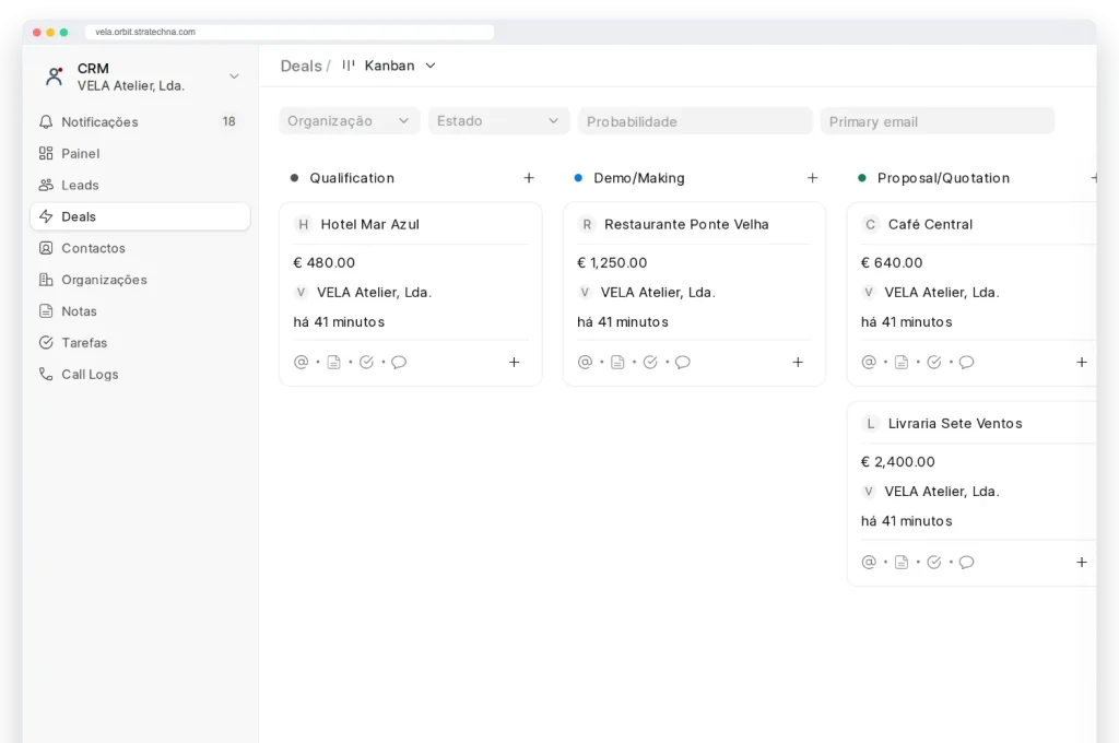 Funil de negócios no CRM, demonstração VELA