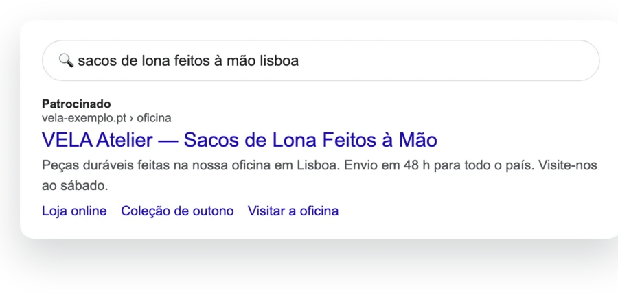 Anúncio de pesquisa no Google, marca fictícia