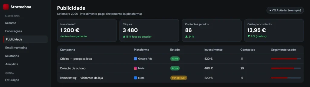 Painel de campanhas no portal, com dados fictícios