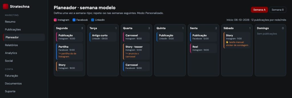Planeador semanal com as publicações por rede, com dados fictícios