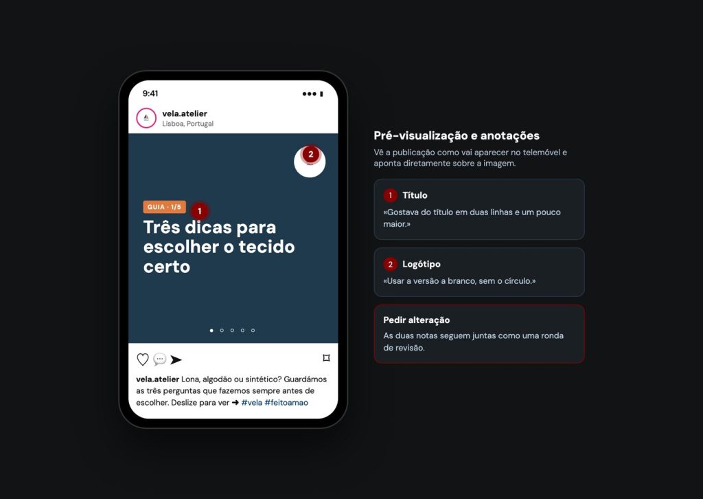 Pré-visualização de uma publicação no telemóvel, com anotações do cliente