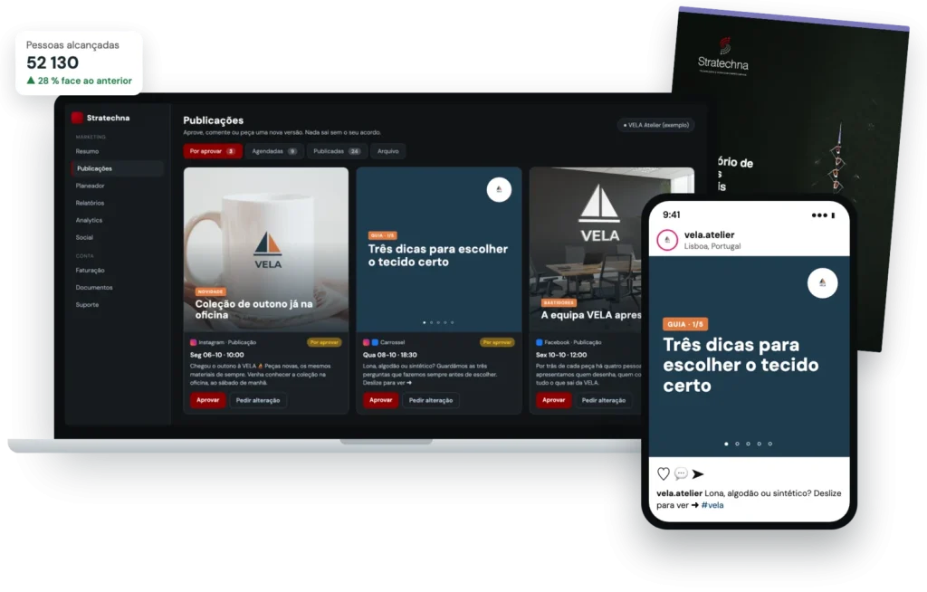 Portal, telemóvel e relatório com publicações de uma marca fictícia