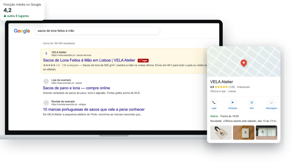 Resultado de pesquisa e ficha de empresa no Google de uma marca fictícia