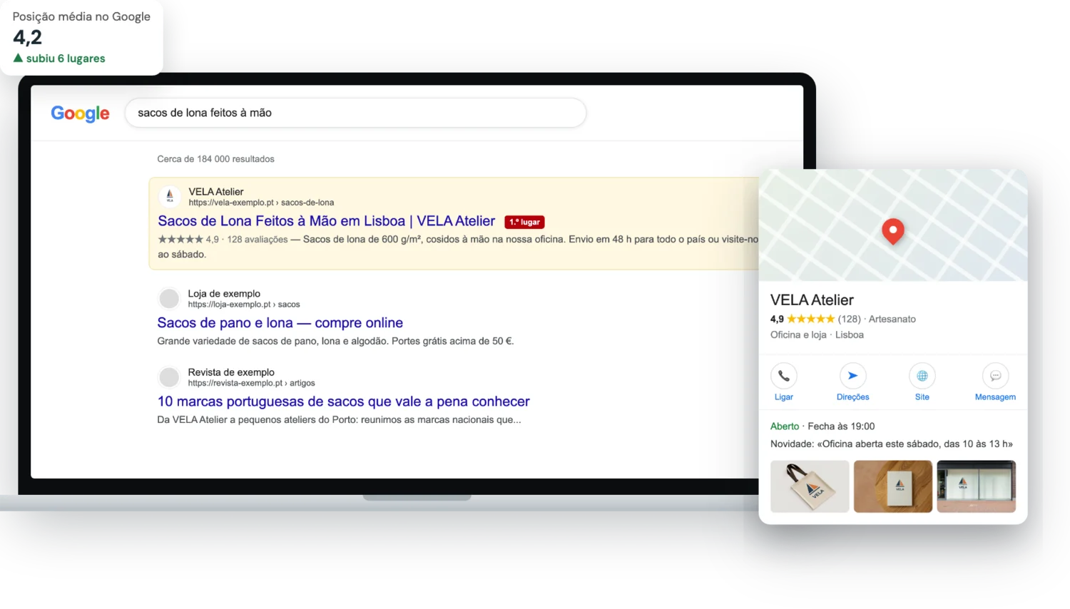 Resultado de pesquisa e ficha de empresa no Google de uma marca fictícia