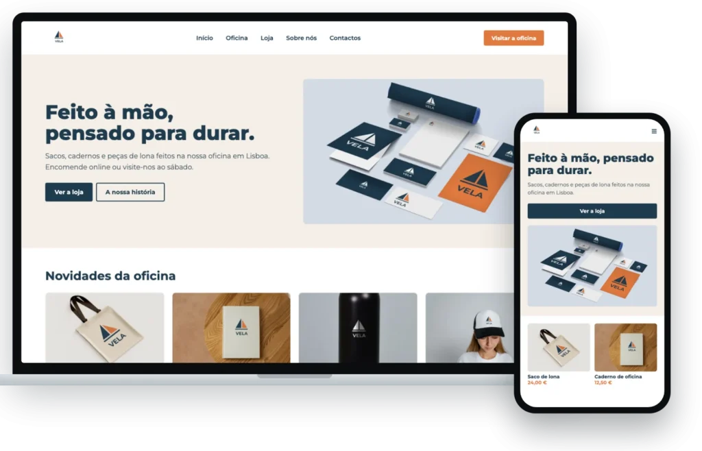 Site de uma marca fictícia em computador e telemóvel